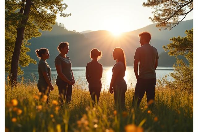 Team members participating in an outdoor corporate retreat activity near nature