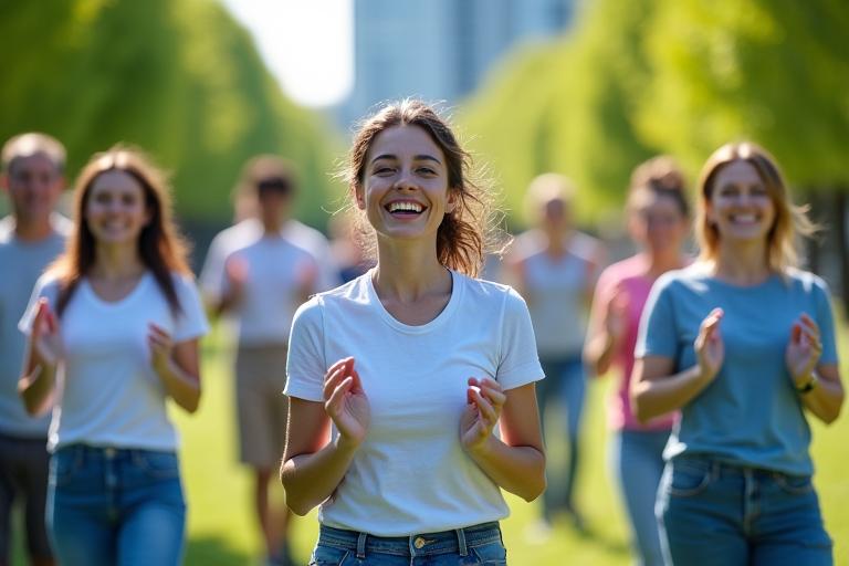 Healthy team members engaged in a corporate wellness activity, smiling and harmonious.