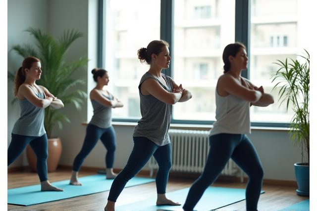 Group of employees practicing yoga in a bright office space