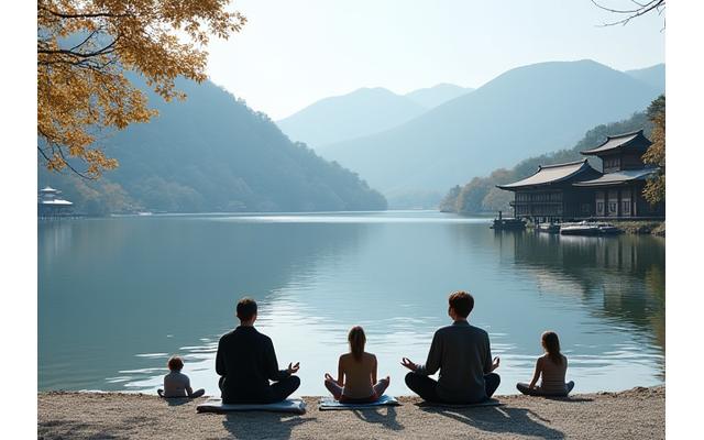 箱根の湖畔で瞑想するグループ