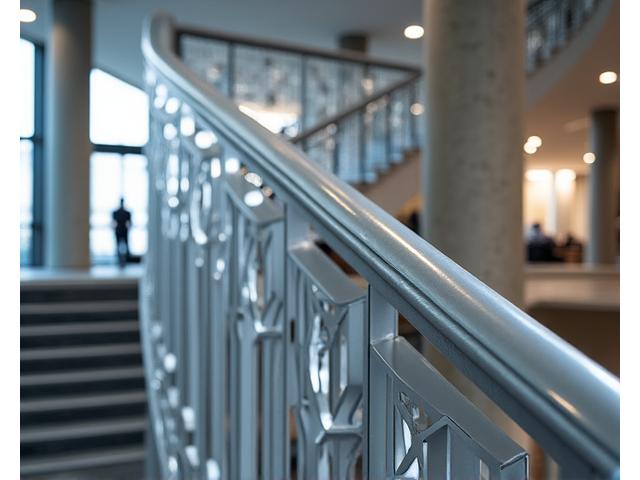 Modern metal staircase railing inside a contemporary building