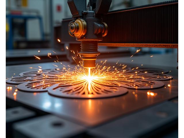 CNC plasma cutter in action, creating sparks and precision cuts