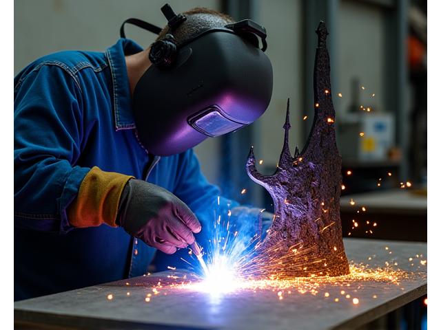 Artisan welding a custom metal sculpture with sparks flying