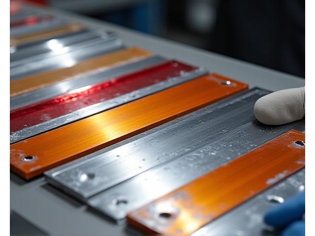 Various metal samples with different finishes, including powder coat and polished steel